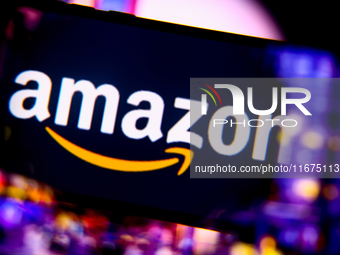 Amazon logo is screened on a mobile phone for illustration photo. Krakow, Poland on October 17th, 2024. (