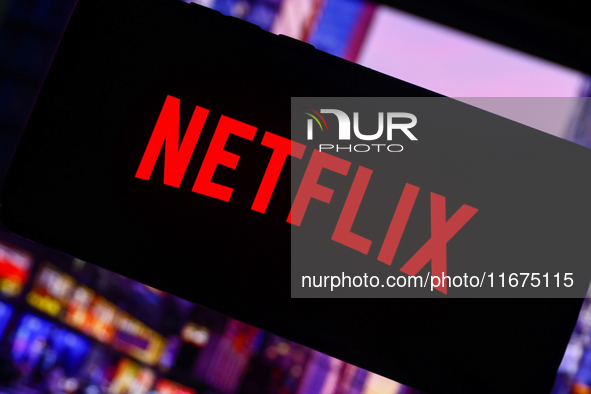 Netflix logo is screened on a mobile phone for illustration photo. Krakow, Poland on October 17th, 2024. 