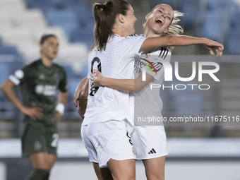 In Madrid, Spain, on October 17, Signe Bruun and Melanie Leupolz of Real Madrid women celebrate a goal during the UEFA Women's Champions Lea...