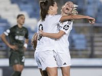 In Madrid, Spain, on October 17, Signe Bruun and Melanie Leupolz of Real Madrid women celebrate a goal during the UEFA Women's Champions Lea...