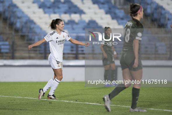 Signe Bruun of Real Madrid women celebrates a goal during the UEFA Women's Champions League match between Real Madrid and Celtic club women...