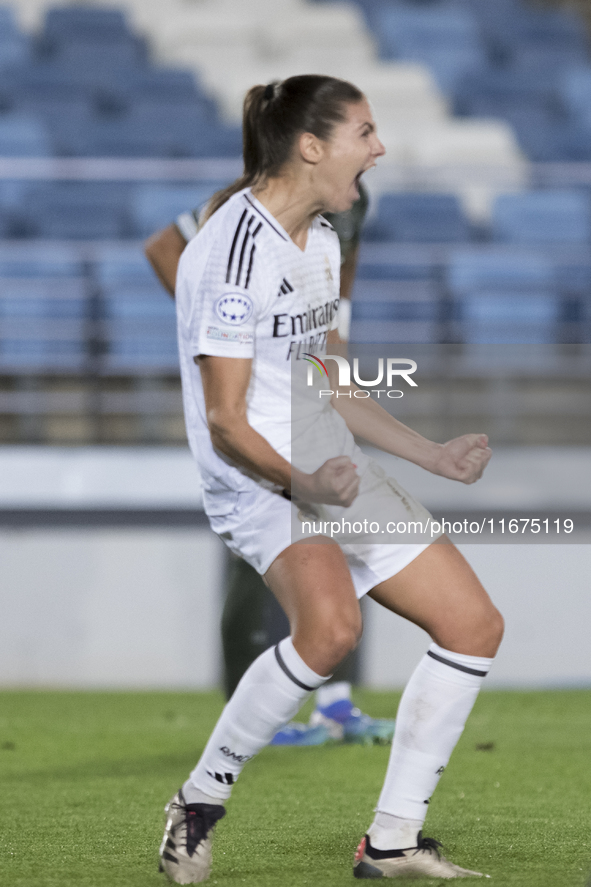 Signe Bruun of Real Madrid women celebrates a goal during the UEFA Women's Champions League match between Real Madrid and Celtic club women...