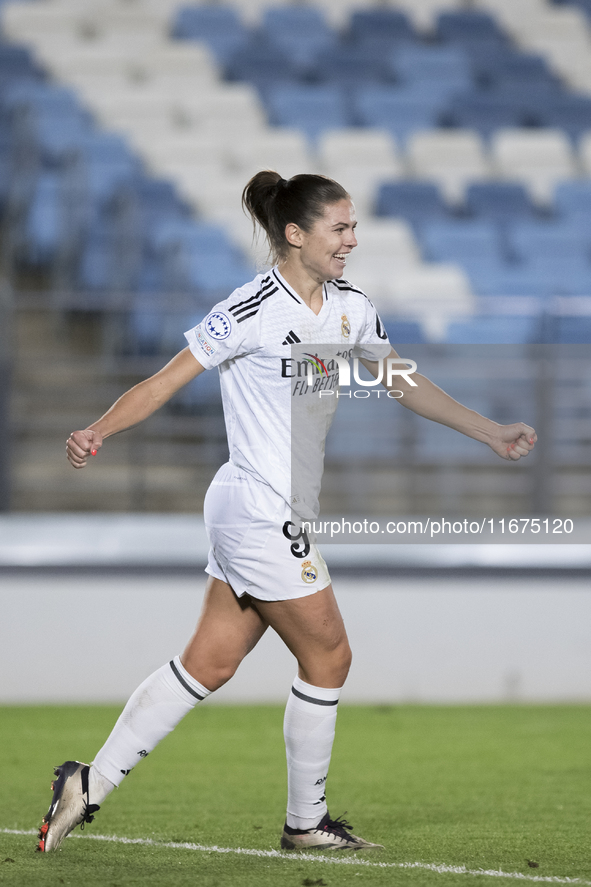 Signe Bruun of Real Madrid women celebrates a goal during the UEFA Women's Champions League match between Real Madrid and Celtic club women...