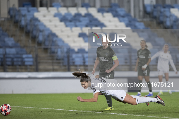 Signe Bruun of Real Madrid Women scores a goal during the UEFA Women's Champions League match between Real Madrid and Celtic Club Women at A...