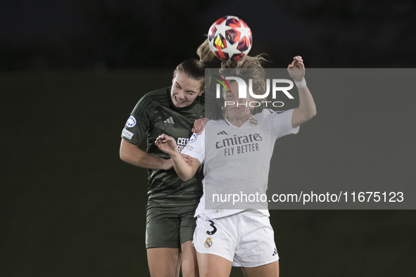 In Madrid, Spain, on October 17, Teresa Abelleira of Real Madrid Women and Shannon McGregor of Celtic Football Club Women fight for the ball...