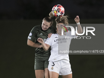 In Madrid, Spain, on October 17, Teresa Abelleira of Real Madrid Women and Shannon McGregor of Celtic Football Club Women fight for the ball...