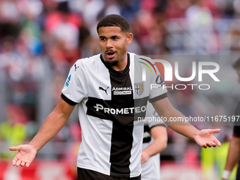 Simon Sohm of Parma Calcio 1903 reacts during the Serie A Enilive match between Bologna FC and Parma Calcio 1903 at Stadio Renato Dall'Ara o...