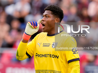 Zion Suzuki of Parma Calcio 1903 yells during the Serie A Enilive match between Bologna FC and Parma Calcio 1903 at Stadio Renato Dall'Ara o...