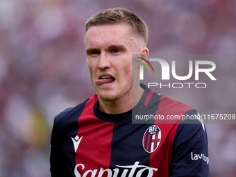 Michel Aebischer of Bologna FC reacts during the Serie A Enilive match between Bologna FC and Parma Calcio 1903 at Stadio Renato Dall'Ara on...