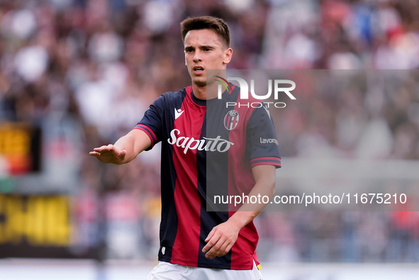 Nikola Moro of Bologna FC gestures during the Serie A Enilive match between Bologna FC and Parma Calcio 1903 at Stadio Renato Dall'Ara on Oc...