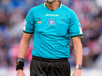 Referee Marco Di Bello looks on during the Serie A Enilive match between Bologna FC and Parma Calcio 1903 at Stadio Renato Dall'Ara on Octob...