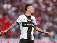 Dennis Man of Parma Calcio 1903 reacts during the Serie A Enilive match between Bologna FC and Parma Calcio 1903 at Stadio Renato Dall'Ara o...