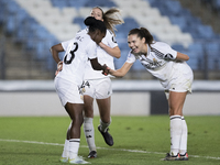 Linda Caicedo and Signe Bruun of Real Madrid women celebrate a goal during the UEFA Women's Champions League match between Real Madrid and C...