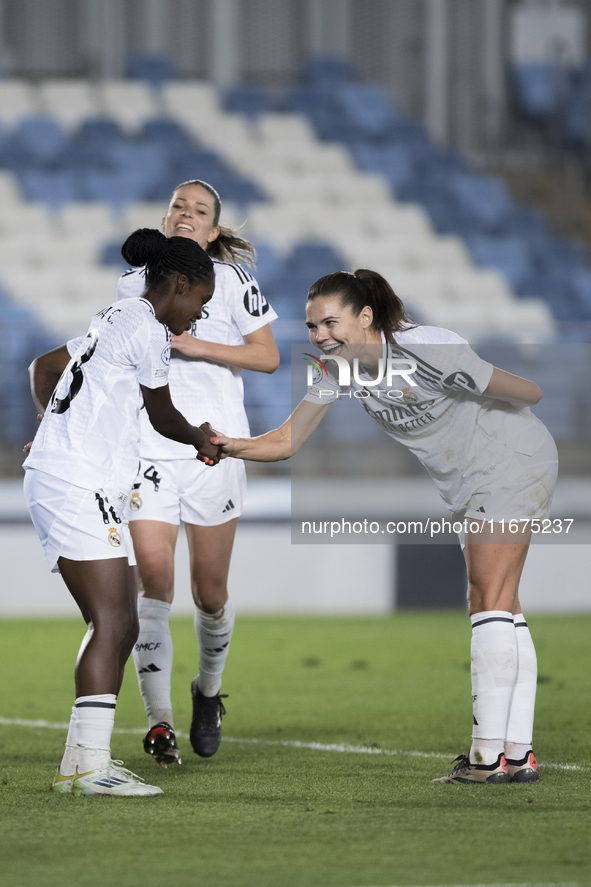 Linda Caicedo and Signe Bruun of Real Madrid women celebrate a goal during the UEFA Women's Champions League match between Real Madrid and C...