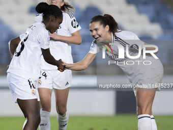 Linda Caicedo and Signe Bruun of Real Madrid women celebrate a goal during the UEFA Women's Champions League match between Real Madrid and C...