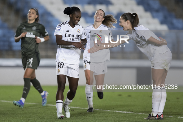 Linda Caicedo and Signe Bruun of Real Madrid women celebrate a goal during the UEFA Women's Champions League match between Real Madrid and C...