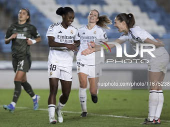 Linda Caicedo and Signe Bruun of Real Madrid women celebrate a goal during the UEFA Women's Champions League match between Real Madrid and C...