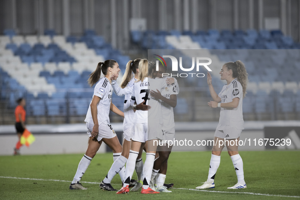 Several players of Real Madrid celebrate a goal during the UEFA Women's Champions League match between Real Madrid and Celtic Club Women at...