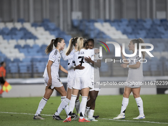 Several players of Real Madrid celebrate a goal during the UEFA Women's Champions League match between Real Madrid and Celtic Club Women at...