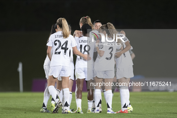 Several players of Real Madrid celebrate a goal during the UEFA Women's Champions League match between Real Madrid and Celtic Club Women at...