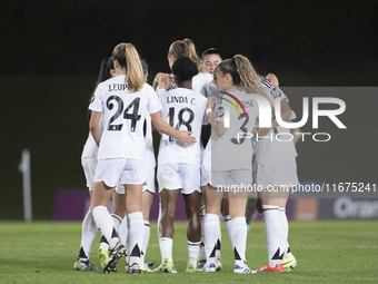 Several players of Real Madrid celebrate a goal during the UEFA Women's Champions League match between Real Madrid and Celtic Club Women at...