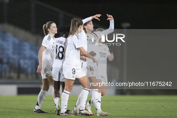 Caroline Moller of Real Madrid women celebrates a goal during the UEFA Women's Champions League match between Real Madrid and Celtic club wo...