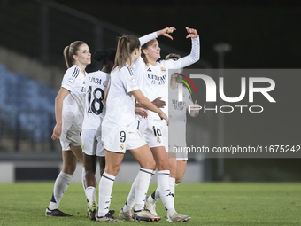 Caroline Moller of Real Madrid women celebrates a goal during the UEFA Women's Champions League match between Real Madrid and Celtic club wo...