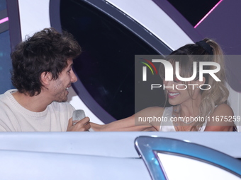 Juanpa Zurita and Anahi Puente speak during a press conference to promote the launch of ?Quien es La Mascara? season 6 at Televisa San Angel...