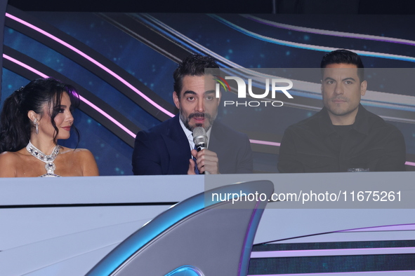 Martha Higareda, Omar Chaparro, and Carlos Rivera speak during a press conference to promote the launch of ?Quien es La Mascara? season 6 at...