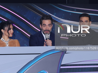 Martha Higareda, Omar Chaparro, and Carlos Rivera speak during a press conference to promote the launch of ?Quien es La Mascara? season 6 at...