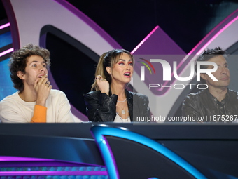 Juanpa Zurita, Anahi Puente, and Miguel Angel Fox speak during a press conference to promote the launch of ?Quien es La Mascara? season 6 at...