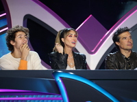 Juanpa Zurita, Anahi Puente, and Miguel Angel Fox speak during a press conference to promote the launch of ?Quien es La Mascara? season 6 at...