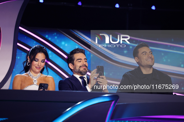 Martha Higareda, Omar Chaparro, and Carlos Rivera speak during a press conference to promote the launch of ?Quien es La Mascara? season 6 at...