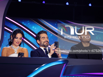 Martha Higareda, Omar Chaparro, and Carlos Rivera speak during a press conference to promote the launch of ?Quien es La Mascara? season 6 at...