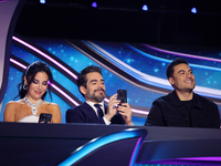 Martha Higareda, Omar Chaparro, and Carlos Rivera speak during a press conference to promote the launch of ?Quien es La Mascara? season 6 at...