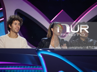 Juanpa Zurita, Anahi Puente, and Miguel Angel Fox speak during a press conference to promote the launch of ?Quien es La Mascara? season 6 at...