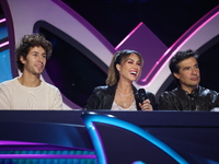 Juanpa Zurita, Anahi Puente, and Miguel Angel Fox speak during a press conference to promote the launch of ?Quien es La Mascara? season 6 at...