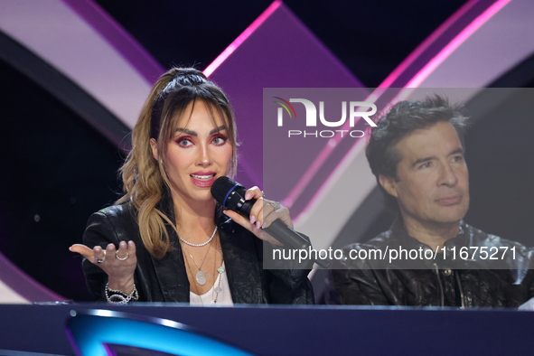 Anahi Puente and Miguel Angel Fox speak during a press conference to promote the launch of ?Quien es La Mascara? season 6 at Televisa San An...