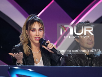 Anahi Puente and Miguel Angel Fox speak during a press conference to promote the launch of ?Quien es La Mascara? season 6 at Televisa San An...