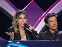 Anahi Puente and Miguel Angel Fox speak during a press conference to promote the launch of ?Quien es La Mascara? season 6 at Televisa San An...