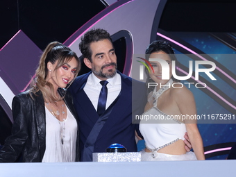 (L-R) Anahi Puente, Omar Chaparro, and Martha Higareda pose for photos during a press conference to promote the launch of ?Quien es La Masca...