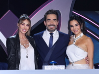 (L-R) Anahi Puente, Omar Chaparro, and Martha Higareda pose for photos during a press conference to promote the launch of ?Quien es La Masca...