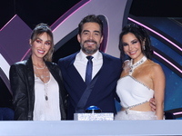 (L-R) Anahi Puente, Omar Chaparro, and Martha Higareda pose for photos during a press conference to promote the launch of ?Quien es La Masca...