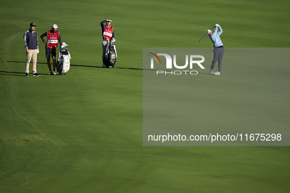 Ewen Ferguson of Scotland plays his second shot on the 14th hole on day one of the Estrella Damm N.A. Andalucia Masters 2024 at Real Club de...