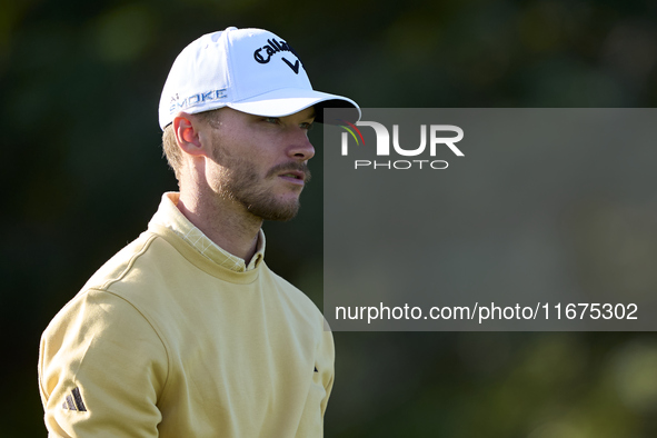 In San Roque, Spain, on October 17, 2024, Nicolai Hojgaard of Denmark looks on the 12th hole on day one of the Estrella Damm N.A. Andalucia...