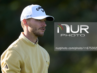 In San Roque, Spain, on October 17, 2024, Nicolai Hojgaard of Denmark looks on the 12th hole on day one of the Estrella Damm N.A. Andalucia...