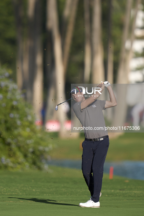 Ugo Coussaud of France plays his second shot on the 14th hole on day one of the Estrella Damm N.A. Andalucia Masters 2024 at Real Club de Go...