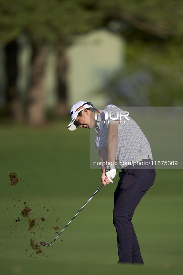 Rikuya Hoshino of Japan plays his third shot on the 14th hole on day one of the Estrella Damm N.A. Andalucia Masters 2024 at Real Club de Go...