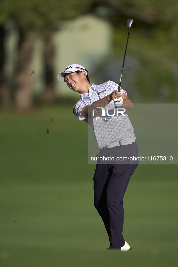 Rikuya Hoshino of Japan plays his third shot on the 14th hole on day one of the Estrella Damm N.A. Andalucia Masters 2024 at Real Club de Go...