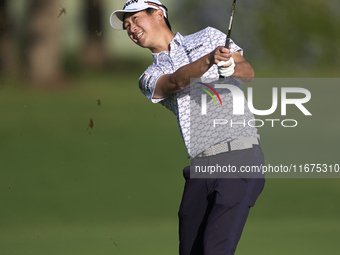 Rikuya Hoshino of Japan plays his third shot on the 14th hole on day one of the Estrella Damm N.A. Andalucia Masters 2024 at Real Club de Go...